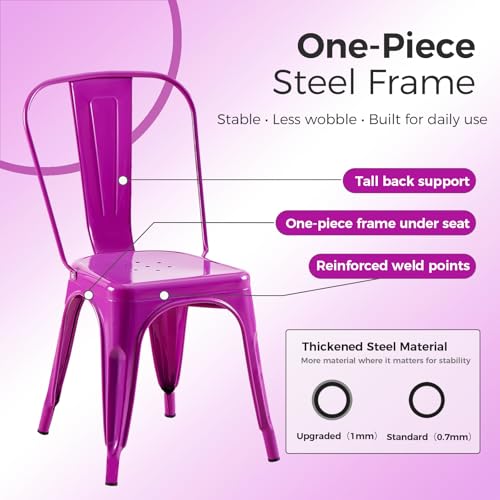 Image of Metal Dining Chairs with Backrest, Stackable, Purple, 6 Pack | Easy Assembly, Non-Slip Feet, 330 lb Capacity, Kitchen, Restaurant, Cafe, Pub, Covered Patio