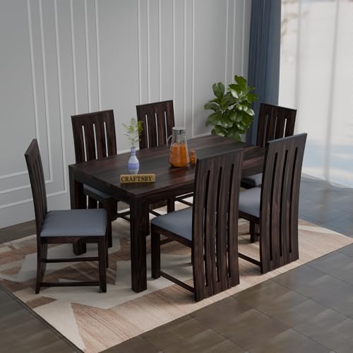 Image of 57 Inch Length Solid Sheesham Wood 6 Seater Dining Table Set | Six Seater Dinner Table with 6 Grey Cushions High Chairs| Dinning Table Set 6 Seater For Living Room|Table & Chair,Walnut Finish