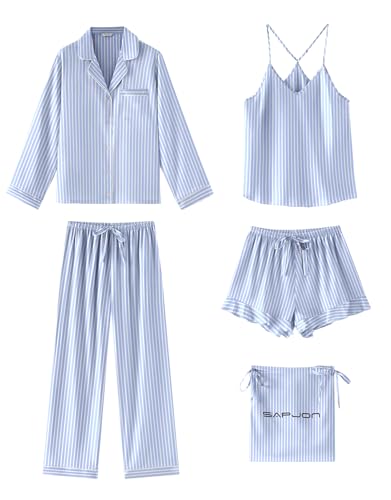 SAPJON Satin Silk Pajamas for Women Set 5PCS Classic Button Down Pajamas Top and Pants Cami and Ruffle Shorts Sleepwear Blue Stripe