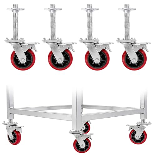 Paquete de 4 ruedas de nivelación de andamio de 6 pulgadas con varilla roscada de 30 mm de diámetro, 300 mm de longitud, ruedas ajustables con frenos de bloqueo para torres de andamio industriales