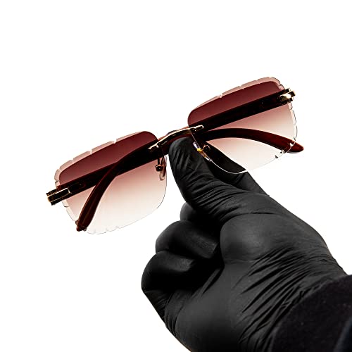 Street Knitted Men Women Rimless Gold Frame Stylish Burgundy Tinted Gem Cut Lens Woodgrain Shades 90s Rectangle Cool Frameless Retro Trendy Hip Hop Old School Unisex Square Sunglasses2