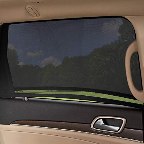 Image of amazon basics Mesh Pack of 2 Car Window Pullover Sun Shades| Lightweight Mesh with UV Protection | 112.5 x 50.8 Cm | Black