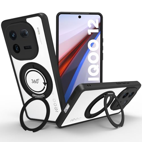 Image of RIGGEAR Shockproof Sleek Hybrid Armor 360 Rotating Magnetic Ring Stand Back Cover Case Compatible with MagSafe Accessories for iQOO 12 5G (Clear PC + Black TPU Bumper)