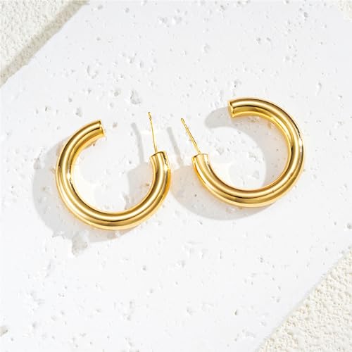 Image of Shining Diva Fashion Anti Tarnish Jewellery Celebrity Inspired 14k Real Gold Plated Simple Plain Link Chain Chunky Huggie Hoop Trendy Stylish Copper Earrings for Women Girls