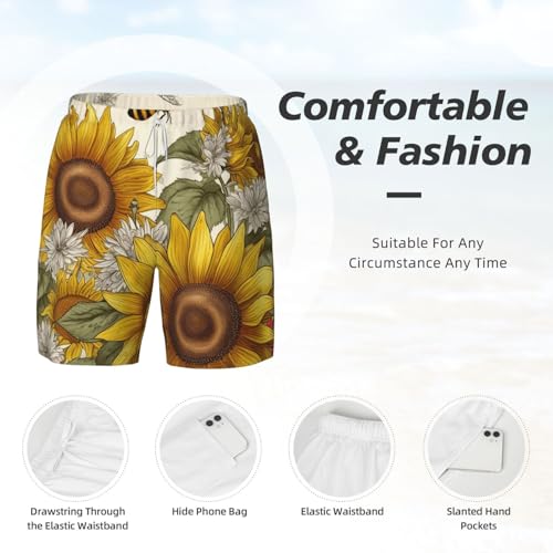Men's Swim Trunks Quick Dry Board Shorts Bees Sunflowers Daisy Rose Flowers Beach Shorts with Pocket Bathing Suits for Men4
