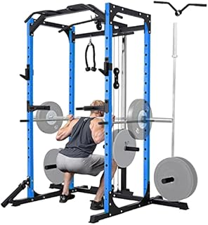 Mikolo Power Cage with LAT Pulldown System, 1200 Pounds Capacity Power Rack, Multi-Functional Squat Rack with 13-Level Adjustable Height and J-Hooks, T-Bar (Blue-2022)