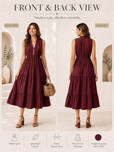Image of BROVAVE Womens 2026 Summer Sleeveless Shirt Dress Collar Striped V Neck Casual Midi Dresses