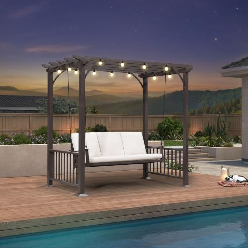 PURPLE LEAF Outdoor Pergola Swing 3-Seat Hanging Swing Chair with Light