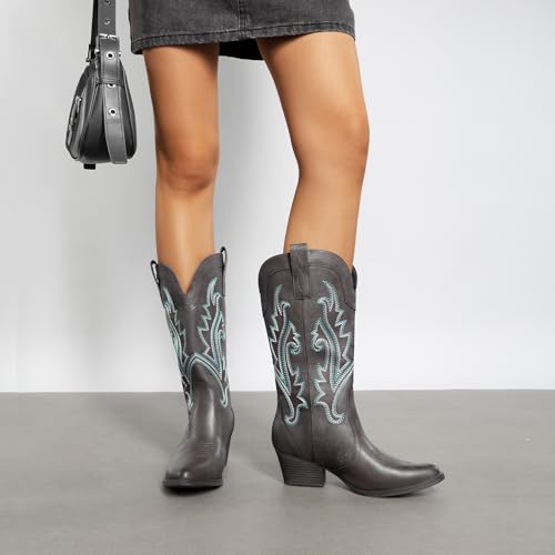 Image of DREAM PAIRS Women's Cowboy Cowgirl Western Boots | Embroidered Pointed Toe Low Heel Mid Calf Boot for Theme Party Country Concert