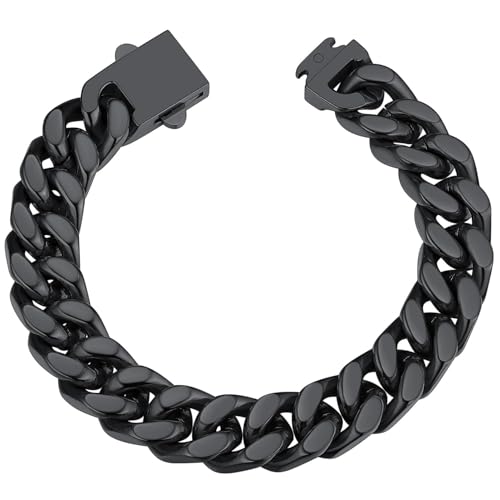 ChainsHouse Stainless Steel Cuban Link Bracelet for Men, 5mm/7mm/9mm/12mm Width, 7.5"/8.3"/9" Length, Black/18K Gold Plated Chain Wrist Bracelets for Men, with Gift Box f. 12mm width-black 8