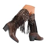 Generisch 2026 Schuhe Damen Modische, zulaufende Kniehohe Stiefel mit Blockabsatz Fransen, stylische Western-Stiefeletten fr (Brown, 36)