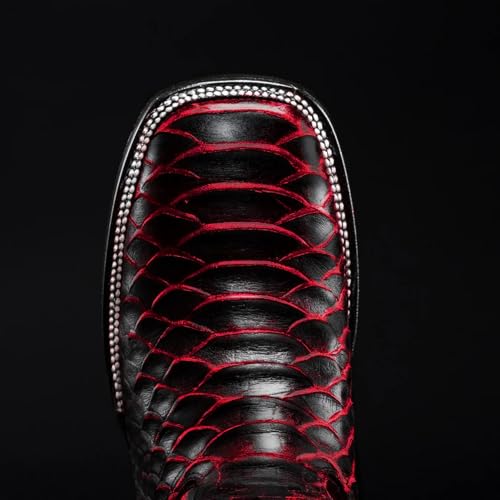 Men’s Genuine Leather Exotic Python Snakeskin Print Square Toe Cowboy Western Boots - Black Cherry4