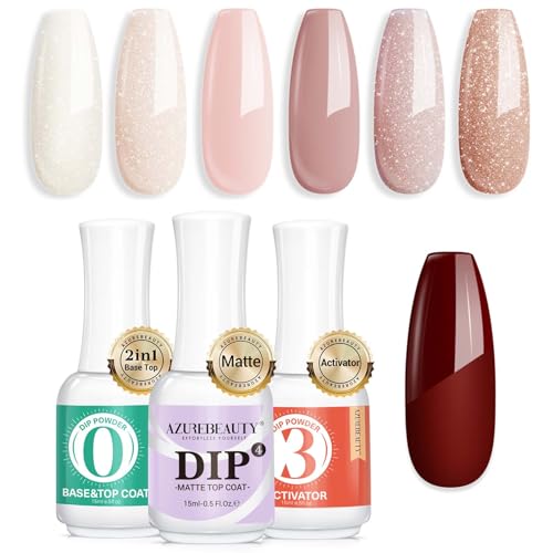AZUREBEAUTY Dip Powder Nail Nude Set Dusty/Light Pink Champagne Shimmery, All Seasons 6 Colors Bundle with 3 Pcs Dip Powder Liquid Set, Base & Top Coat with Activator & Matte Coat