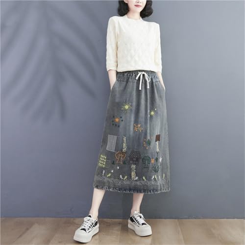 Funny Embroidered Midi Denim Skirt for Women Elastic High Waist Casual Loose A-line Skirts with Side Pockets4