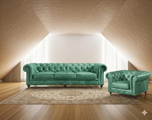 Image of Classic Leatherette Chester Sofa Set Button Tufted, Classic Style Sofa Set 3-Person Sofa for Living Room, Office, and Hallway Colour (Mint Green Leatherette, 3+1 = 4 Seater Sofa)