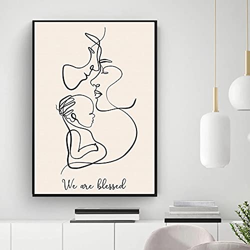 Affiche portrait de famille au trait abstrait et minimaliste maman papa bébé toile murale 60x90cm