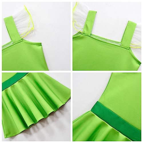 Girls Kids Green Tinkerbelll Princess Fairyi Summer Square Neck Flounce Hem Casual Dress3