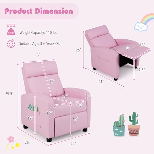 Image of Costzon Kids Recliner, Adjustable PU Leather Lounge Chair w /Side Pockets, Footrest, Headrest for Kids Room&Play Room, Easy to Clean, Padded Pink Recliner Sofa for Children Boys Girls Aged 3-12 (Pink)