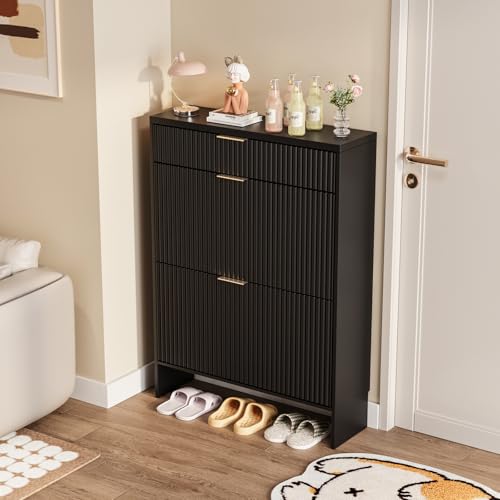 Image of Fluted Shoe Cabinet Storage with 2 Flip Drawers & 1 Drawers, Wood Narrow Hidden Shoe Cabinet for Entryway, Freestanding Slim Shoe Rack Organizer for Foyer Hallway Living Room(Black)