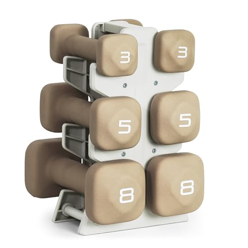 Tone Fitness 32 LB Neoprene Dumbbell Set with Storage Rack Non-Slip Anti-Roll Hand Weights for Home Gym Workouts - Beige