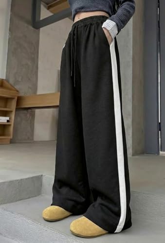 Image of dockstreet Straight Long Length Trouser Style Drawstring Contrast Belt Black and White Trackpant for Women /Trending, Relaxed Casual Lowers for Women