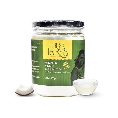 Image of 1000Farms Extra Virgin Coconut Oil 500 ml | 100% Certified Organic, Premium Cold Pressed & Unrefined | Edible Cooking Oil, Hair Oil & Baby Massage | Rich in MCTs | Glass Bottle
