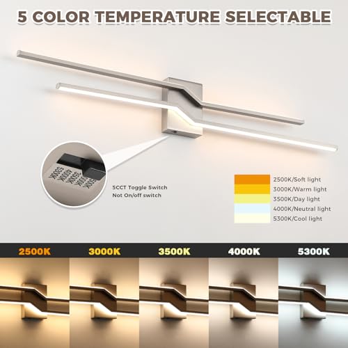 Image of 39.4 Inch Vnaity Lighting Led Bathroom Lights Over Mirror Brushed Nickel Dimmable 5CCT 36W Modern Bath Vanity Lights Bar Wall Sconces