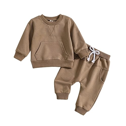 Toddler Baby Boys Fall Outfits Long Sleeve Sweatshirt Elastic Waist Pants 2Pcs Infant Newborn Solid Clothes Set