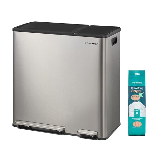 SONGMICS Kitchen Dual Trash Can, 13 + 5.3 Gallon (50 + 20 L) 2-Compartment Trash and Recycle Bin, Stainless Steel Garbage Can, Pedals, Soft-Close Lids, Inner Buckets, Silver ULTB770EZ01