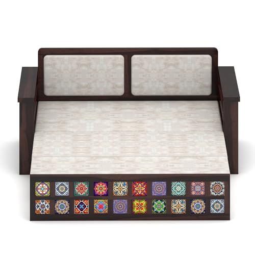 Image of Solid Sheesham Wood Sofa Cums Bed with Cushioned Seating & Handcrafted Tile Storage Front | Rosewood Convertible Sofa Bed for Living Room & Bedroom (Walnut Finish)
