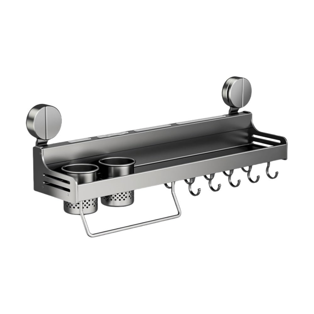 Goxyffmnv Kitchen Storage Rack, Suction Cup Spice Rack, Storage Stand with Hooks and Rail, Metal Cutlery Rack, Multifunctional Organizer for Kitchen, Dining Room, Bathroom(23.6 * 5.3 * 6.7IN)