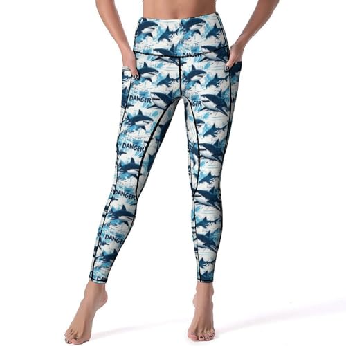 Blue Cool Shark Print Leggings for Women - High Waisted Yoga Pants Gym Workout Leggings with Pockets2