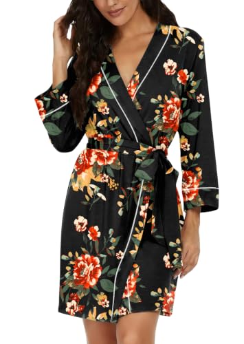 Image of PrinStory Womens Robe Knee Length Soft Knit Bathrobe S-2XL | V-Neck 3 /4 Sleeve Robes with Pockets, Lightweight, Breathable Bath Robe for Shower, Spa, Travel, Home, Party, Nursing