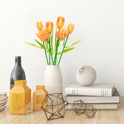 Image of ZONECYTD Flower Bouquet Building Toy Set Tulips Artificial Flowers, Plant Botanical Building Blocks for Adults Home Office Decor Compatible with Lego Orange Color