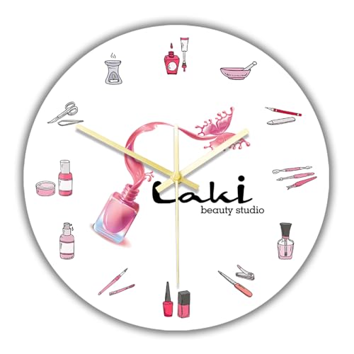 TIMEGLOW 12'' Pink Nail Art Nail Salon Wall Clock, Silent Non Ticking Battery Operated Nail Studio Wall Clock Nail Technician Gift Clock Wall Watch for Nail Salon Beauty Shop Beauty Studio Manicurist