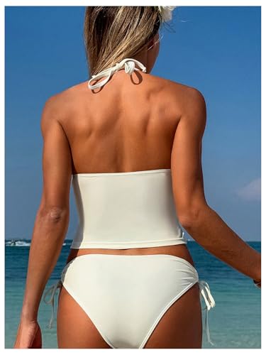 MakeMeChic Women's Tankini Bathing Suits Sets Floral Embroidery Halter Tie Side Summer Beach Swimsuit2