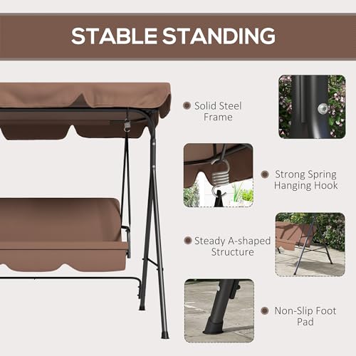 Outsunny 3 Seater Swing Chair with Adjustable Canopy, Garden Swing Seat with Steel Frame, Padded Seat, Brown