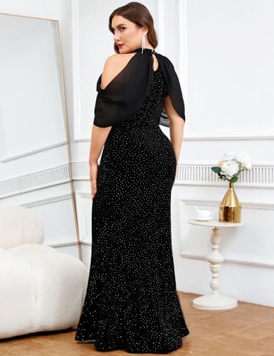 ZOMVA Plus Size Sparkly Halter Neck Dress Chiffon Cape Sleeve Bodycon Mermaid Maxi Evening Gown Cocktail Party Formal3