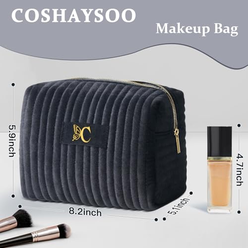 Image of COSHAYSOO Personalized 16th 18th 21st Birthday Gifts for Girls Travel Makeup Bag Quilted Make Up Cosmetic Pouch 16 17 18 19 20 21 Year Old Girl College Dorm Essentials Black Velvet Initial Letter C