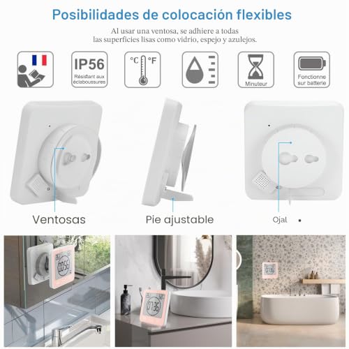 Miniatura 2 de Vorrinc Reloj De Baño, Despertador Digital, Temperatura Humedad Reloj Digital Reloj Temporizador, Alarma Impermeable Temporizador De Cuenta Regresiva, Lcd Control Táctil, Para Baño De Cocina Rosa
