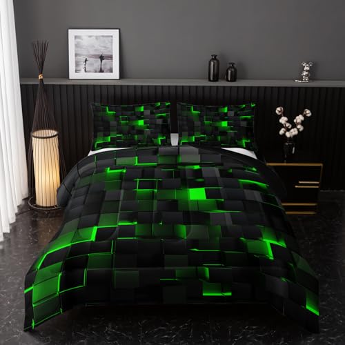 Image of Nttopship Neon Green Black Comforter Set Full Geometric Kids Bedding Set,3 PCS Geometry Honeycomb Bed Set Modern Quilt Set 1 Comforter 2 Pillow Cases Cool Room Decor All Season B-Side Black