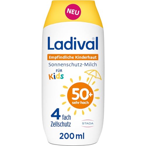 Ladival Kinder Sonnencreme Milch LSF50+ für empfindliche Kinderhaut, Babys und Kinder ab 6 Monaten, extra wasserfest, 4-fach Zellschutz, 200ml