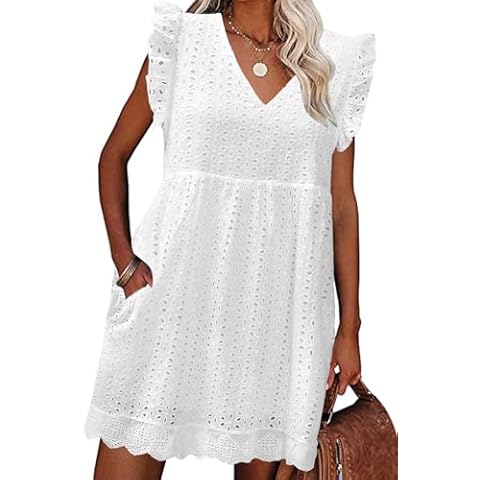 Uikue Womens Summer Casual Dress Sexy V Neck Loose Ruffle Sleeve Elegant Lace Hollow 2024 Trendy Sundress with Pocket White Cover