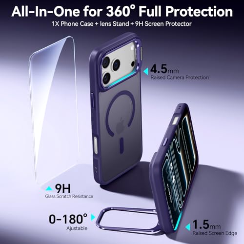 Image of for iPhone 17 Pro Max Case with Stash Lens Stand and 9H Screen Protector, Compatible with MagSafe, Military-Grade Drop Protection Phone Case for iPhone 17 Pro Max, 360 Full Protection, Purple