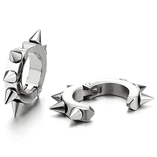 Pair Of Spike Huggie Hinged Hoop Earrings Non-Piercing Clip On Earrings For Men Women #TOP3
