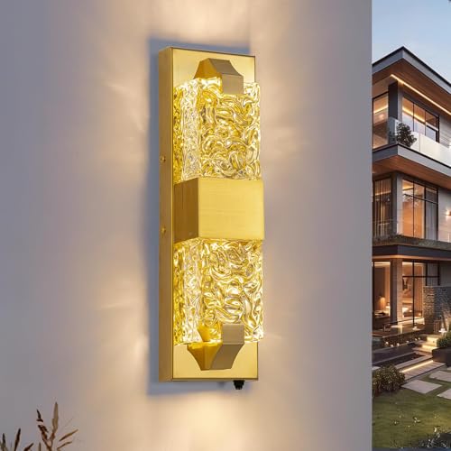 Image of 15.3 inch Dusk to Dawn Outdoor Wall Light 12W LED Gold 1-Pack | IP65 Waterproof, Ripple Crystal, Hardwired Modern Exterior Sconce, Auto On /Off, for Porch Patio Hallway Entryway House