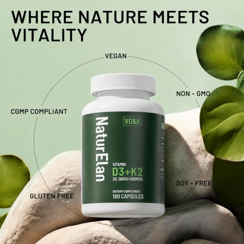 Image of NaturElan Vitamin D3 K2-20,000 IU D3 + 200mcg K2(MK-7), 180 Capsules | Supports Bone, Immune, Heart & Teeth Health, Non-GMO,Vegan, Third-Party Tested, Gluten Free, K2 D3 Vitamin for Men & Women