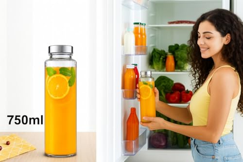 Image of Borosilicate Glass Water Bottle 750ml Pack of 4 | Leakproof Stainless Steel Lid | Juice, Detox, Milk, Smoothie & Fridge Bottle | BPA-Free Premium Glass Bottles for Home, Office & Travel