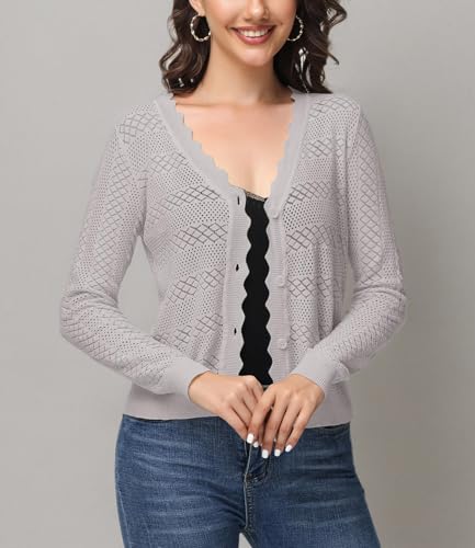 Image of Womens Cropped Cardigan Long Sleeve Button Down V Neck Sweater Open Front Lightweight Shrug for Dresses Tops