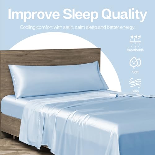 Image of MR&HM Satin Body Pillow Cover, Soft and Breathable Body Pillow Case with Envelope Closure, Cooling and Silky Long Pillowcase for Hair and Skin,Grey (20x54, Light Blue)